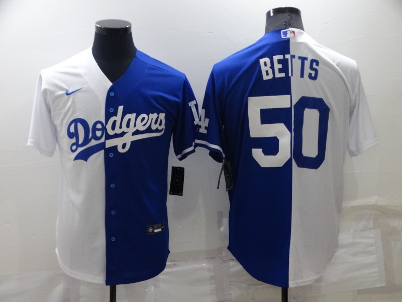 Men's White/Blue Los Angeles Dodgers #50 Mookie Betts Split Cool Base Stitched Baseball Jersey